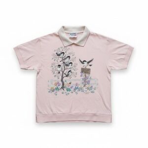 Morning Sun Vintage Pink Flight School Bird Graphic Polo Shirt Woman's Small